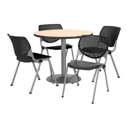 Kfi 42" Round Dining Table & Chair Set, Natural Table With Black Plastic Chairs T42RD-B1922SL-NA-2300-P10